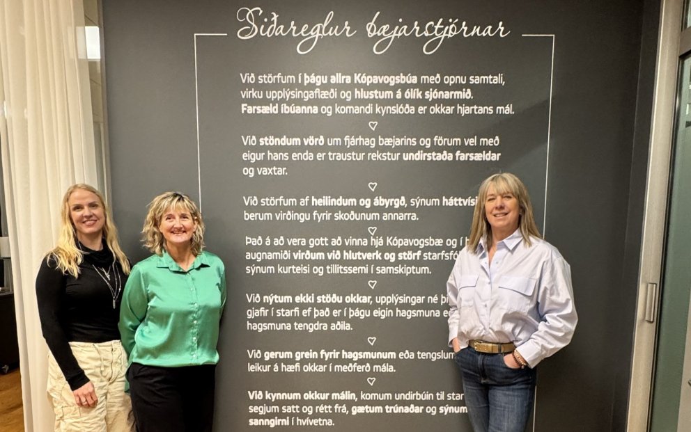 Forsætisnefnd við veggmynd sem sýnir siðareglurnar og er í bæjarstjórnarsal Kópavogs, Hábraut 2. Fr&hellip;