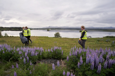Sumarstarfsmenn í garðvinnu í Kópavogi tóku þátt í plasthreinsunardegi Vinnuskólans sumarið 2017.