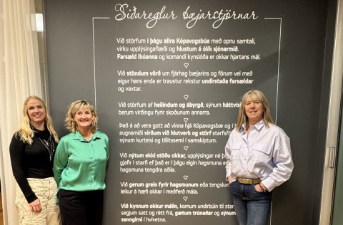 Forsætisnefnd við veggmynd sem sýnir siðareglurnar og er í bæjarstjórnarsal Kópavogs, Hábraut 2. Fr&hellip;